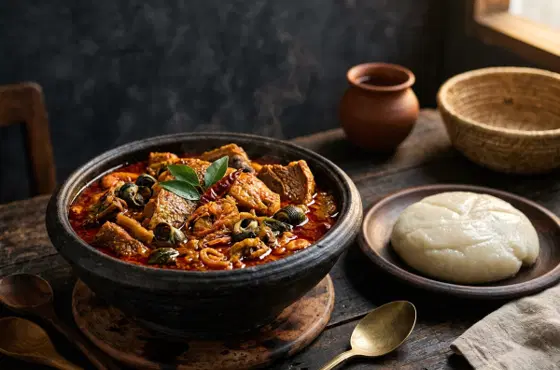 Deep red-orange banga palm nut soup in a clay pot beside glossy starch