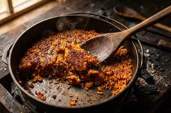 Wooden spoon scraping crispy, smoky jollof crust from the bottom of a black pot