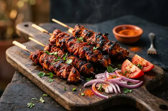Chicken suya skewers coated in red yaji spice with sliced onion