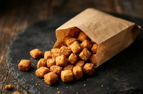 Crunchy chin chin spilling from a paper bag