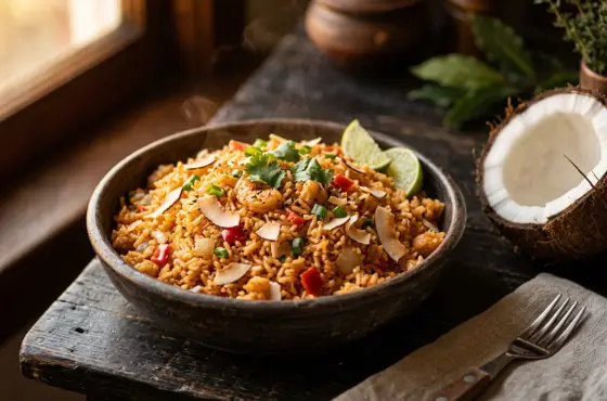 Bowl of coconut jollof rice beside a halved coconut
