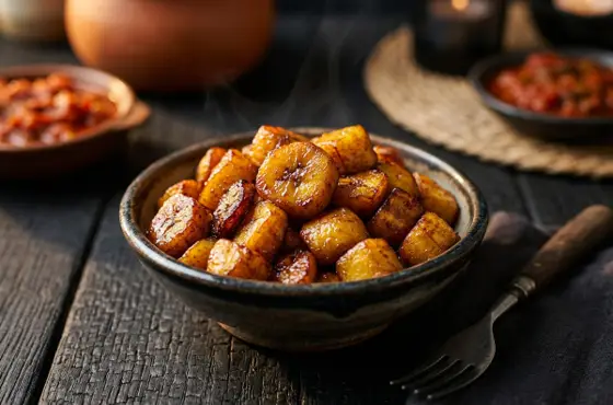 Bowl of golden caramelised fried plantain