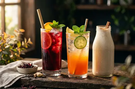 Tall glass of deep red zobo with ice next to other Nigerian drinks