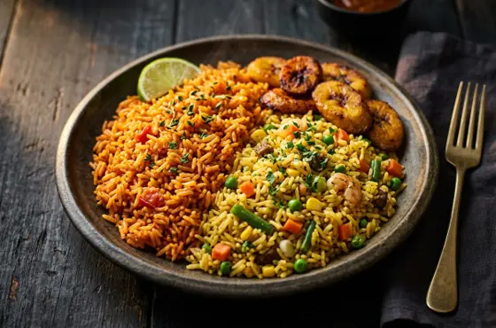 Plate split between orange jollof rice and golden Nigerian fried rice with vegetables