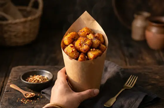 Spicy fried plantain cubes in a paper cone