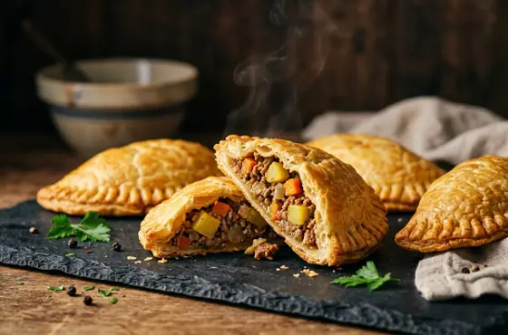 Golden Nigerian meat pies, one cut open to show the beef filling