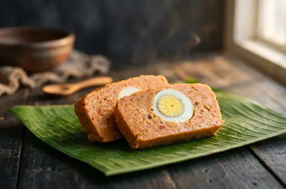 Slices of moin moin bean pudding on a banana leaf