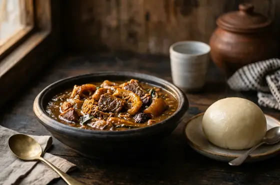 Glossy ogbono soup with meat and stockfish next to white fufu