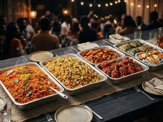 Catering trays of jollof rice, fried rice, chicken and plantain