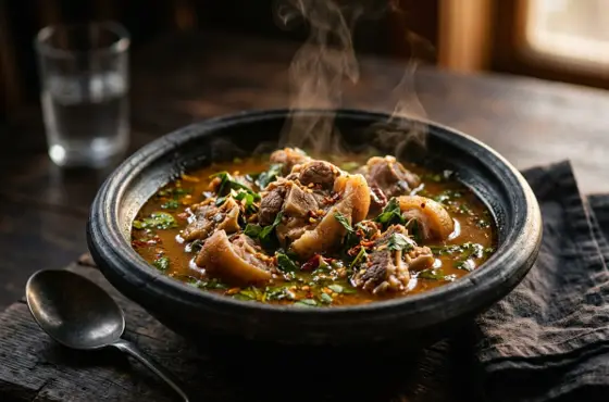 Steaming bowl of goat meat pepper soup with scent leaves
