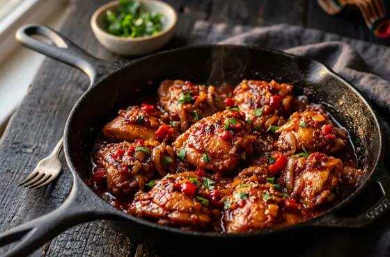 Glossy peppered chicken in a red scotch bonnet sauce