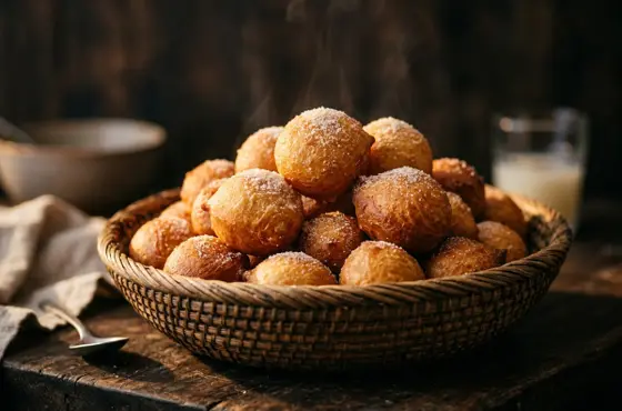 Basket of golden puff puff dusted with sugar