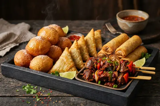 Small chops platter with puff puff, samosas, spring rolls and gizzard skewers