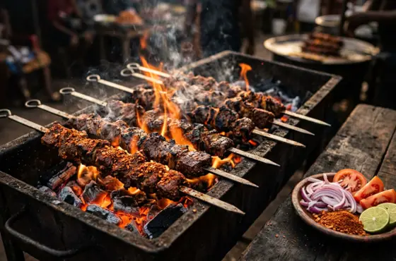 Beef suya skewers over charcoal with sliced onions