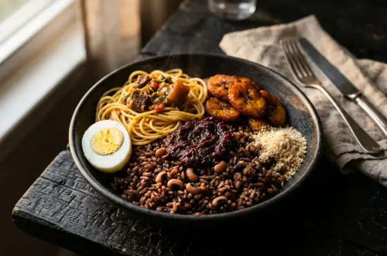 Waakye bowl of rice and beans with shito, egg and plantain